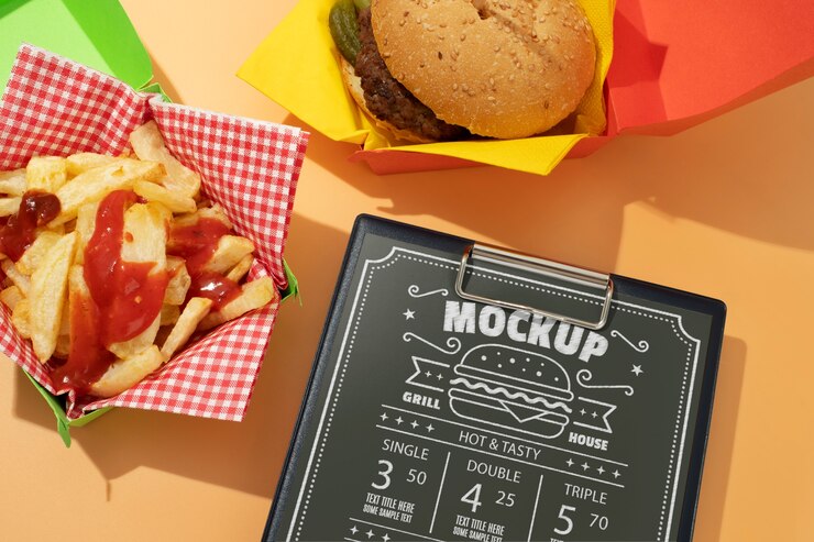 Maquete de menu de hambúrguer com comida saborosa