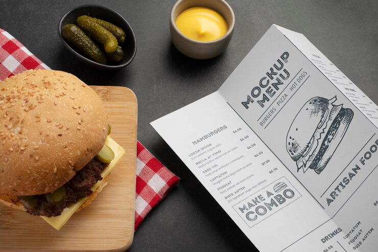 Maquete de menu de hambúrguer com comida saborosa