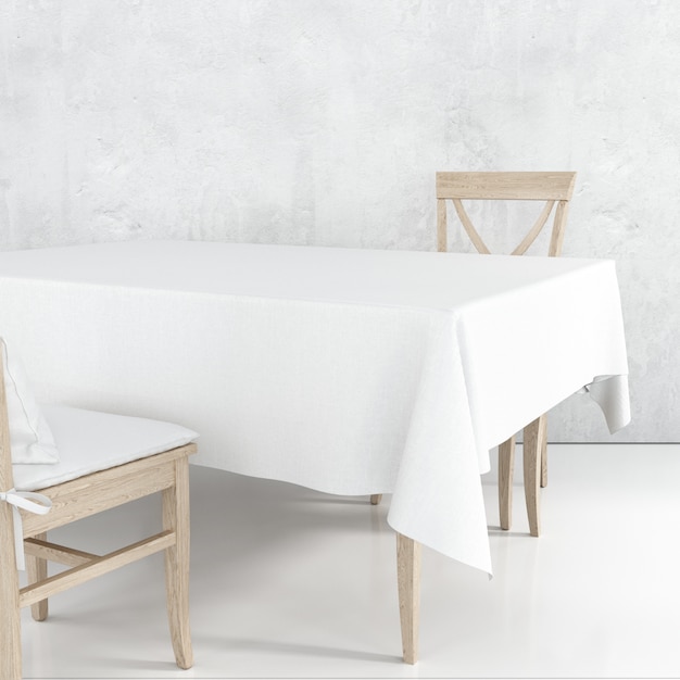 Maquete de mesa de jantar vazia com pano branco e cadeiras de madeira