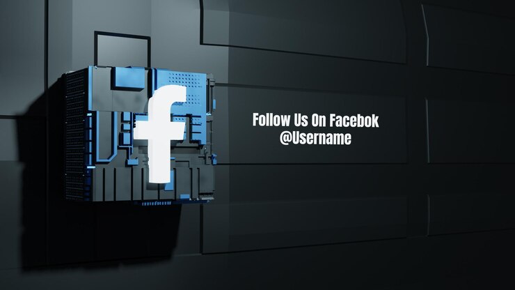 Maquete de mídia social do Facebook siga-nos com fundo de tecnologia de caixa do futuro 3D