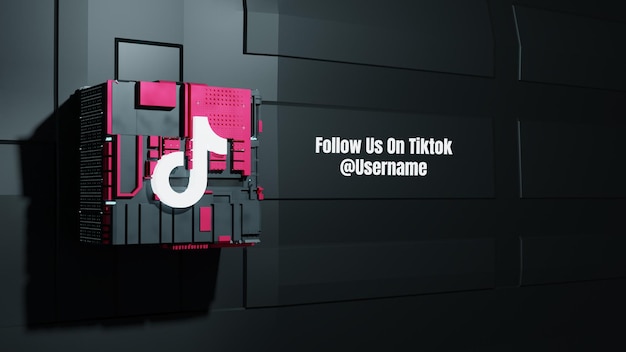 Maquete de mídia social Tiktok siga-nos com fundo de tecnologia de caixa do futuro 3D
