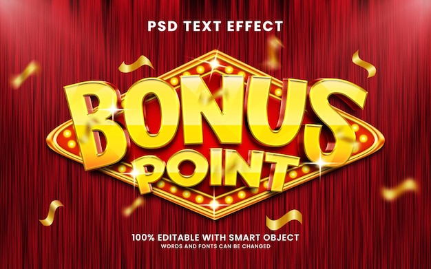 PSD maquete de modelo de efeito de texto 3d de ponto de bônus com placa de cassino e faísca de brilho