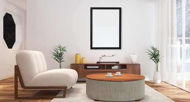 PSD maquete de moldura de foto em branco no design de interiores de sala de estar moderna com mesa de centro de sofá