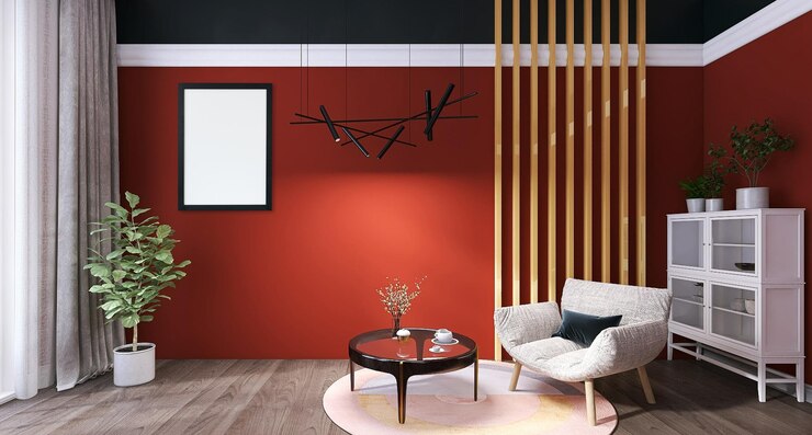 PSD maquete de moldura de foto em branco no design de interiores de sala de estar moderna com parede vermelha de mesa de vidro de sofá