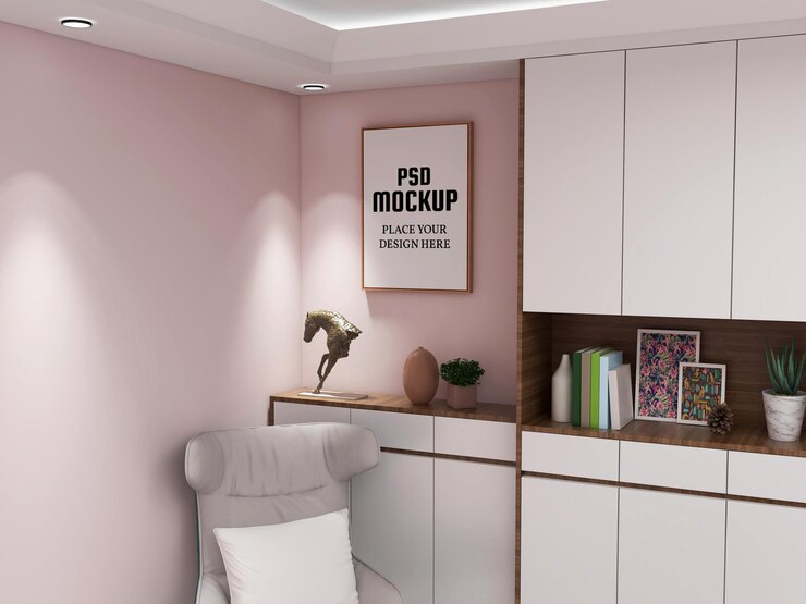 Maquete de moldura de foto na sala de estar