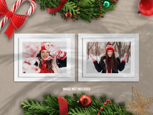 Maquete de moldura de foto realista e minimalista ou moodboard para feliz natal e feliz ano novo com decoração de renderização 3d
