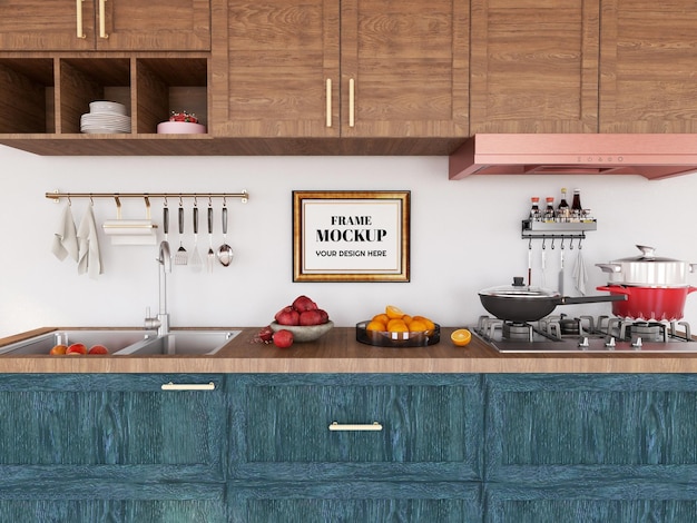 PSD maquete de moldura de foto realista na cozinha moderna