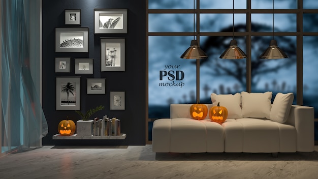 PSD maquete de moldura de foto. um design de interiores no festival de halloween. cabeça de abóbora no sofá