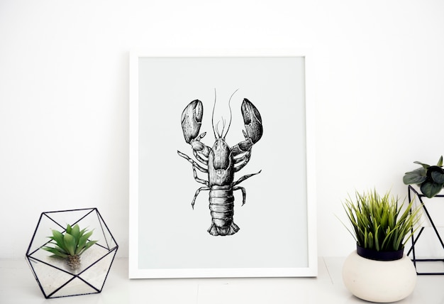 Maquete de moldura de imagem com um desenho de lagosta