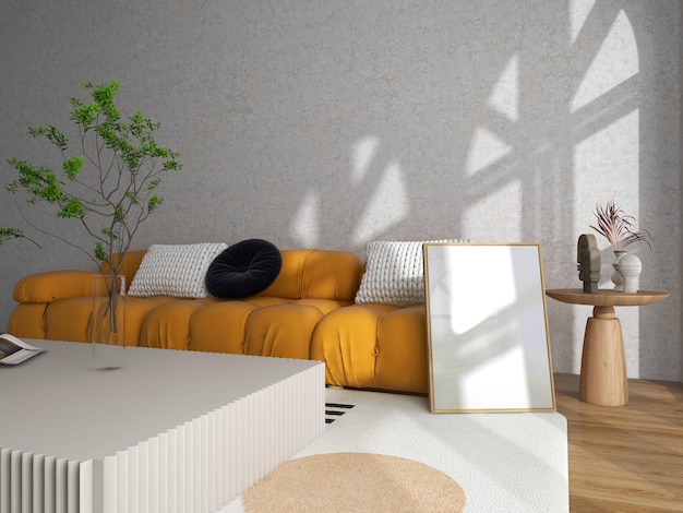 maquete de moldura sala de estar minimalista moldura vazia no piso de madeira sofá moderno laranja MOCKUP PSD GRATUITO