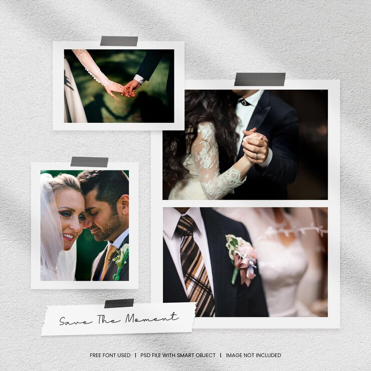 Maquete de moodboard de molduras de fotos de casamento