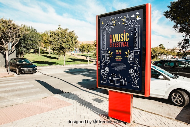 Maquete de mupi na frente de carros estacionados