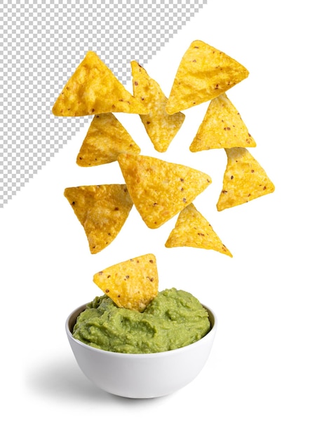 PSD maquete de nachos caindo em uma tigela com guacamole