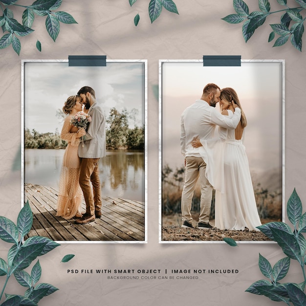 Maquete de papel fotográfico para cerimônia de casamento com 2 fotos verticais e folhagem