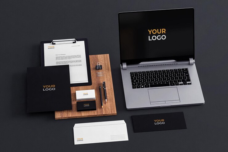 Maquete de papelaria realista preto branco empresa de negócios com laptop