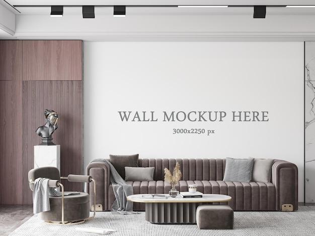 PSD maquete de parede atrás de um sofá marrom na sala de estar de luxo
