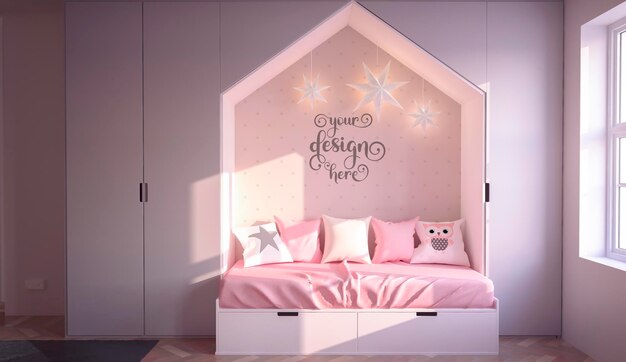 PSD maquete de parede de design de interiores de quarto rosa infantil renderização em 3d