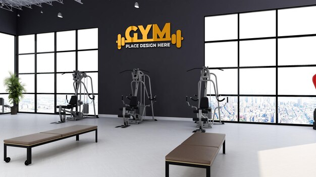 Maquete de parede de logotipo de ouro 3d na sala de fitness ou ginásio