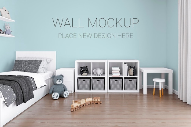 Maquete de parede de quarto infantil 3d renderizada ilustração com fundo personalizável