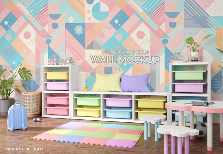 Maquete de parede interior de sala de jogos infantil colorida