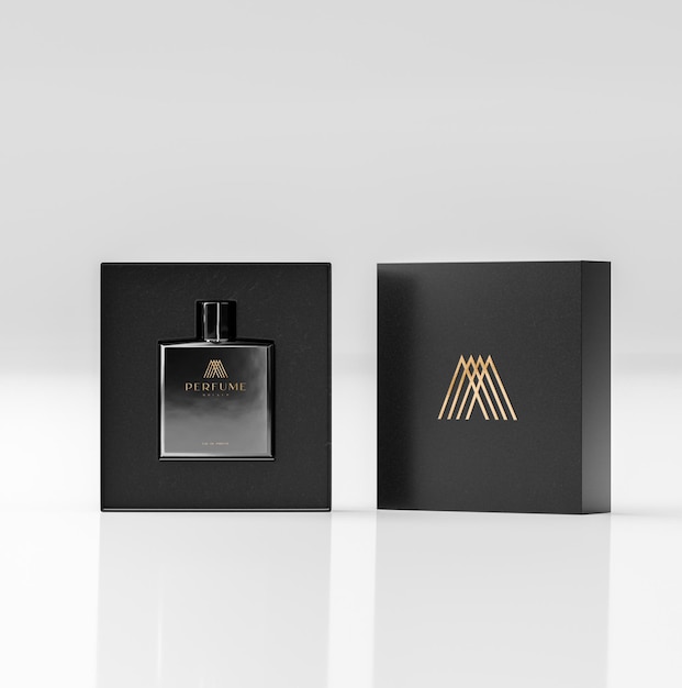 Maquete de perfume preto com caixa preta para visualização do logotipo do produto em renderização 3d de fundo branco