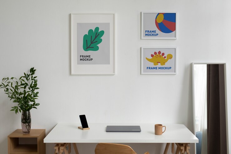 Maquete de porta-retratos com decoração de parede e design de interiores