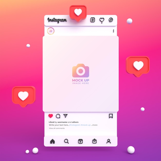 Maquete de post do instagram para mídia social com interface de luz 3d e feed do instagram