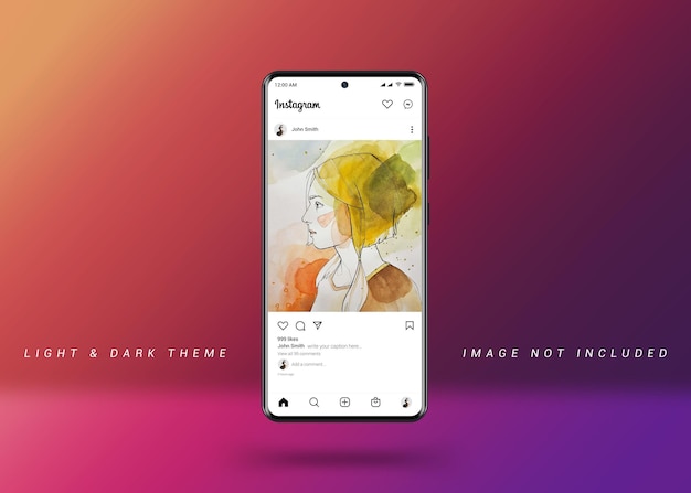 Maquete de postagem do instagram no tema claro e escuro do telefone