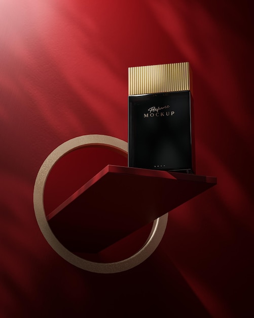 Maquete de produto de logotipo de perfume de luxo preto em renderização 3d de fundo abstrato vermelho