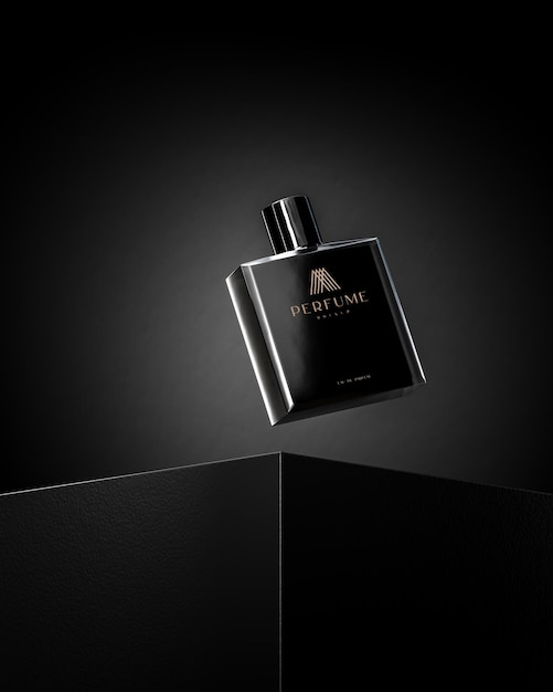Maquete de produto de logotipo de perfume preto para visualização em renderização 3d de fundo preto