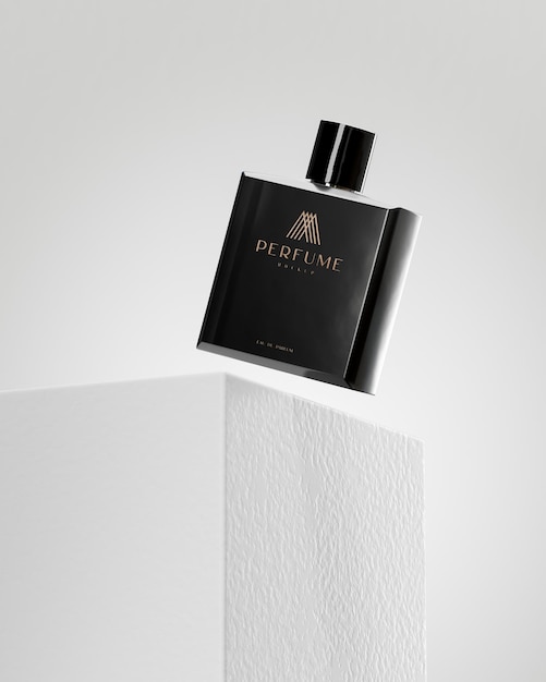 Maquete de produto de logotipo flutuante de perfume preto em renderização 3d de fundo branco