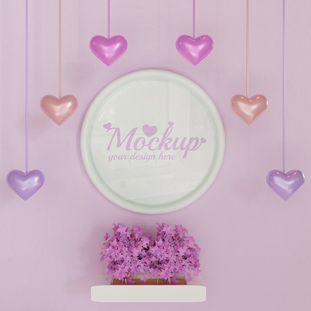 Maquete de quadro círculo branco na parede rosa com plantas de folhas cor de rosa e decoração em forma de coração de suspensão