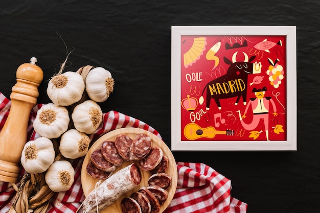 Maquete de quadro com comida tradicional espanhola