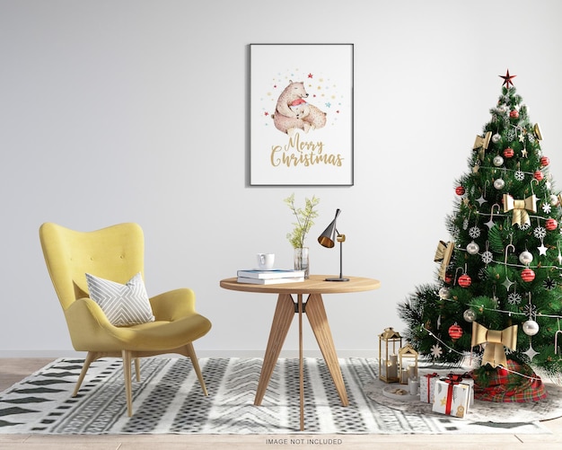 Maquete de quadro de pôster com árvore de natal na mesa woden
