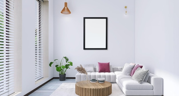 Maquete de quadro de pôster em branco em design de interiores de sala de estar mínima com sofá, mesa, fundo branco