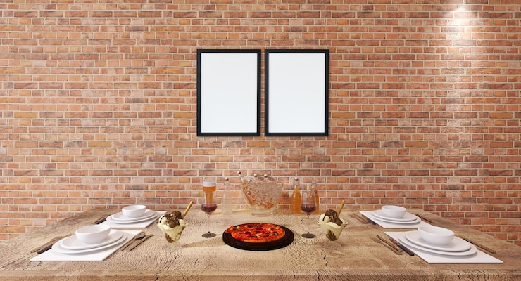 PSD maquete de quadro de pôster na configuração de design de interiores de restaurante moderno com comida na mesa de madeira