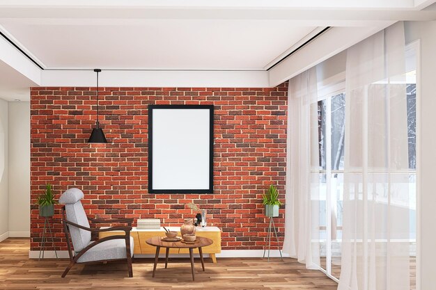 Maquete de quadro de pôster vazio em design de interiores de sala de estar moderna com cortinas de janelas de sofá