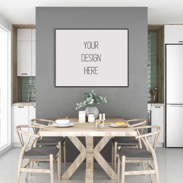 Maquete de quadro na cozinha com moldura horizontal preta