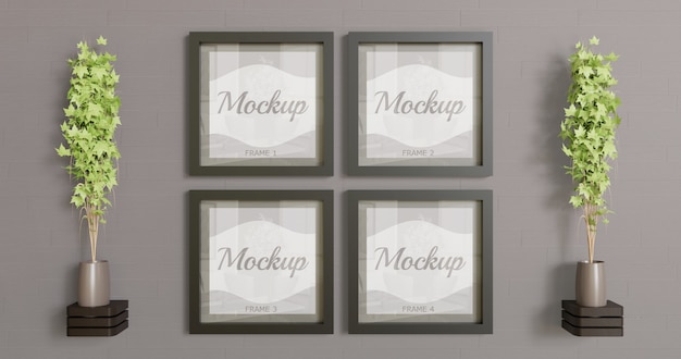 maquete de quatro moldura quadrada na parede. maquete de quadro preto múltiplo para logotipo, foto e arte