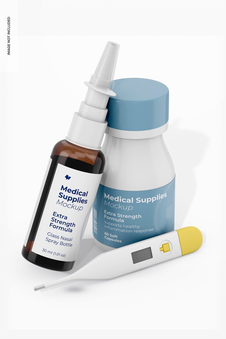 PSD maquete de remédio de kit de gripe inclinada