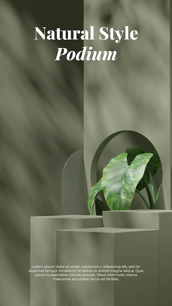 Maquete de renderização 3d monocromática verde do bloco de pódio para produto em retrato com planta alocasia