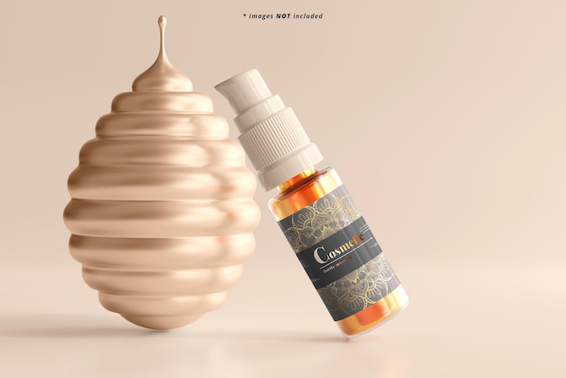 PSD maquete de rótulo de frasco de spray cosmético e bola de natal