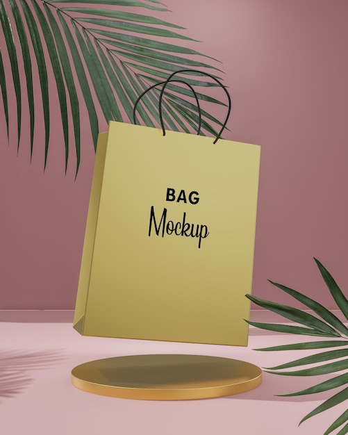Maquete de sacola de compras dourada em fundo rosa com palmeiras tropicais renderização em 3D