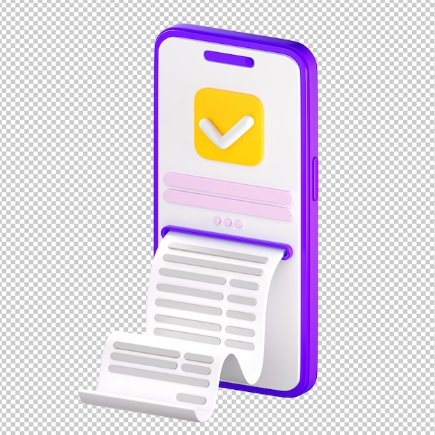 Maquete de smartphone 3d com recibo de conta na tela. banca online, conceito de transação de dinheiro