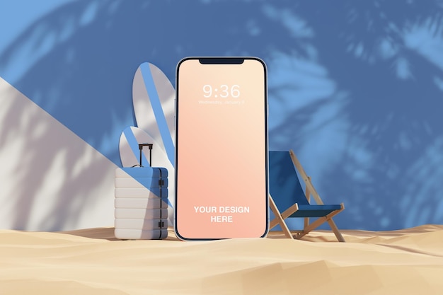 Maquete de smartphone colocada perto de cadeira de praia e mala 3d render