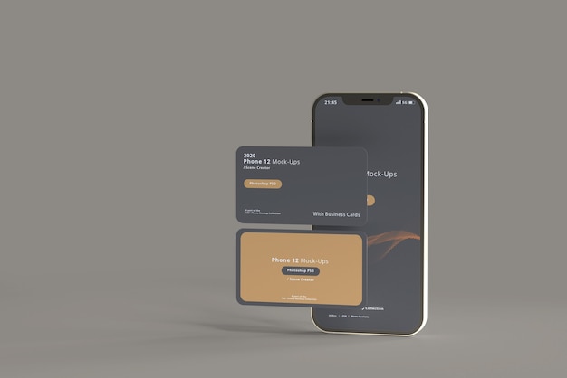 Maquete de smartphone com cartões de visita