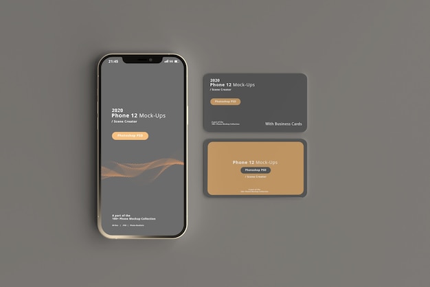 Maquete de smartphone com cartões de visita