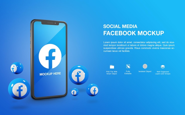 Maquete de smartphone com design de renderização de bola do Facebook