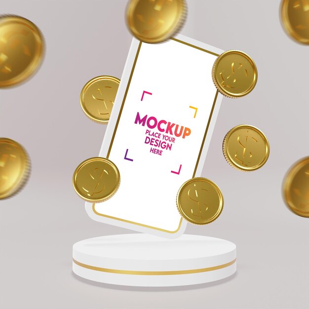 PSD maquete de smartphone com moeda de dólar de ouro brilhante