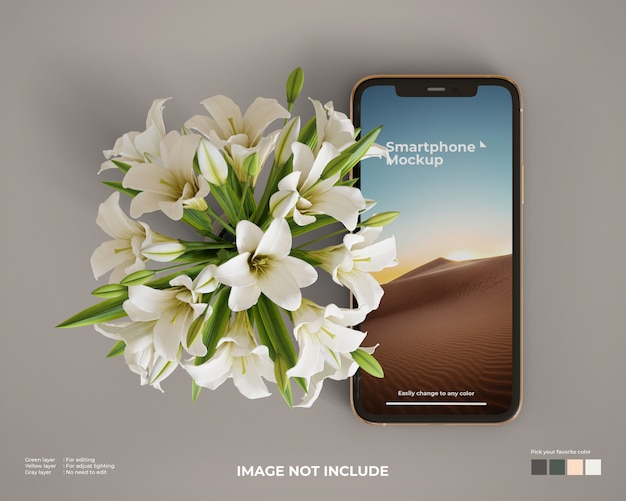 Maquete de smartphone com uma flor do lado